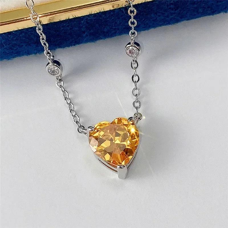 Bright Yellow/Pink Heart Cz Pendant Necklace For Women Simple Elegant Wedding Engagement Party Accessories Trendy Jewelry