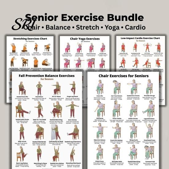 Exerciții de Mobilitate pentru Vârstnici Set 5 Bucăți Scaun Echilibru Întindere Yoga Exerciții Poster pentru Seniori Plan de Antrenament Acasă cu Impact Redus Anti-Cădere & Ghid Fitness pe Perete