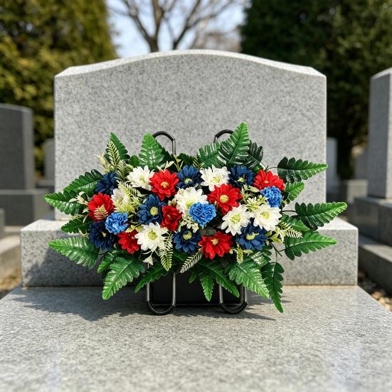Kunstig Mors Dag Blomst til Kirkegård UV-bestandig Rød Hvid Blå Patriotisk Vildblomster Buket til Veterans Dag Gravsted Gravsten Dekoration