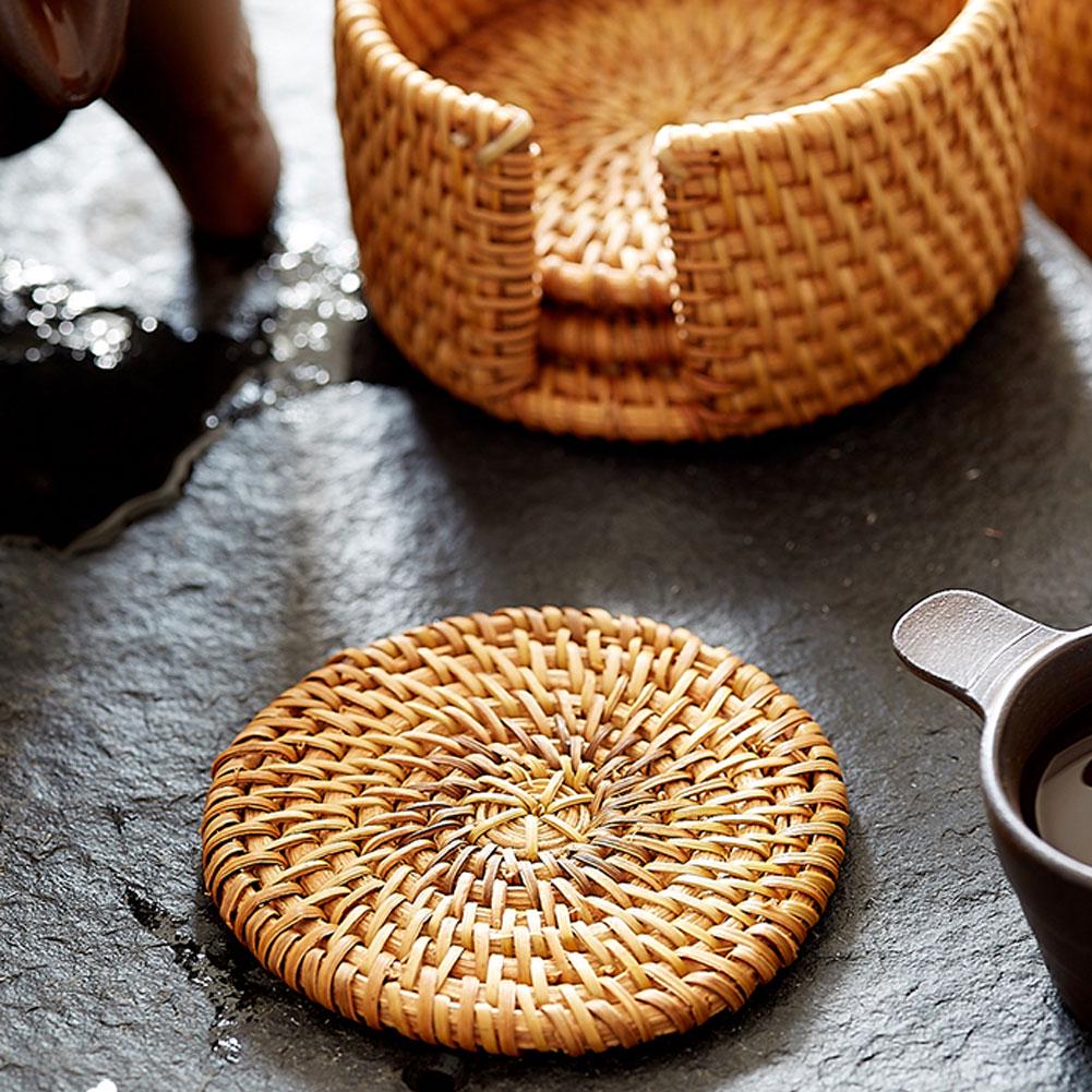 ZK50 6pcs Vintage Rattan Drinks Tea Cup Mats Coasters Round Teapot Insulation Mat Decoration