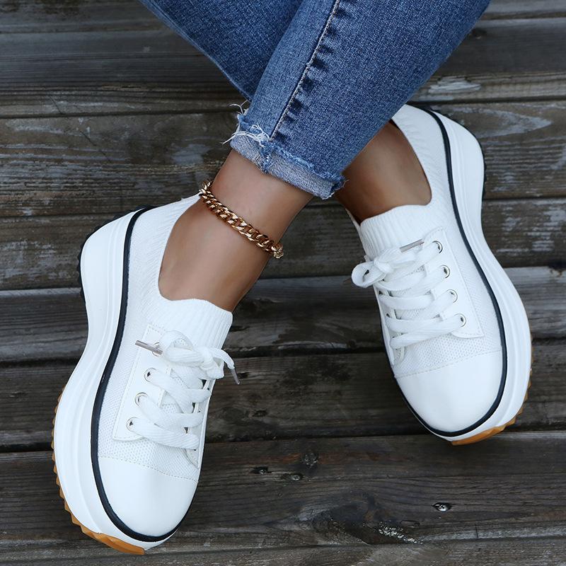New Thick-soled European and American Large-size Single Shoes with Front Lace-up Fly-woven Thick-soled Round-head Single Shoes Women's Shoes