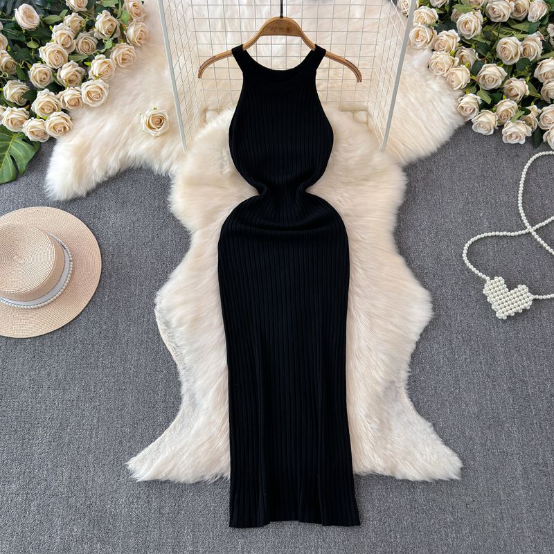 

Модное сексуальное платье без рукавов, вязаное, женское, летнее, с облегающей талией, стройнящее, однотонное, стильное, нишевого стиля, красивое платье Black One size