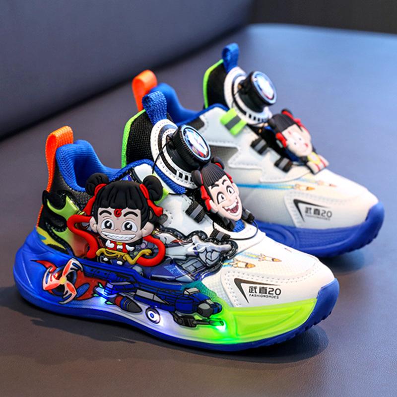 Nezha boys shoes 2025 new spring mesh breathable sneakers children's flashing dad shoes boys lightweight