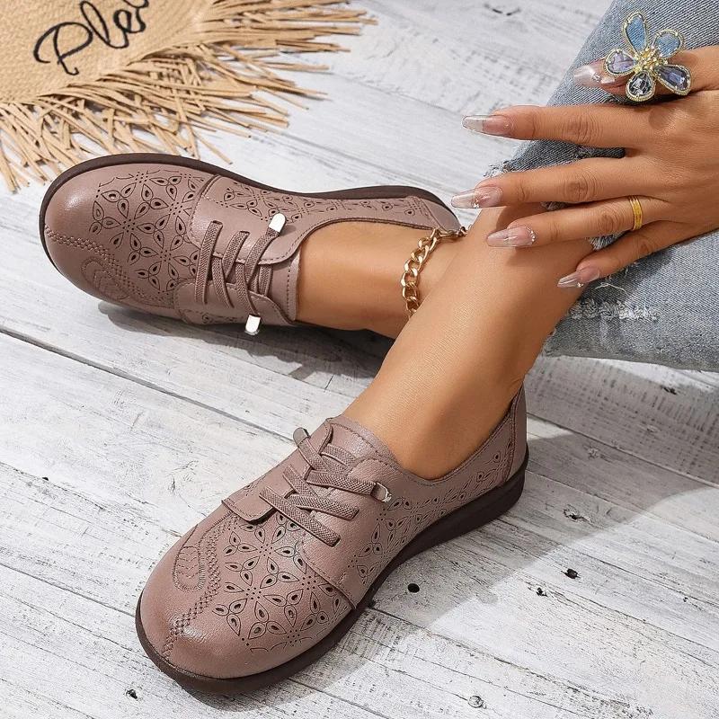 Fashion Ladies Shoes 2024 Hot Sale Lace-up Women's Flats Fashion Embroidery Casual Flat Shoes New Round Toe Flat Shoes Zapatos De Mujer