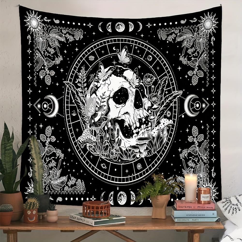 Dark Mysterious Skull Moon Phase Tapestry, Black White Astrology Wall Art for Bedroom Living Room Decor