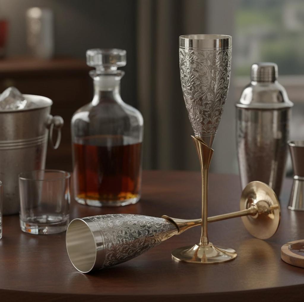 Stonecraft Engraved Brass Goblet Champagne Glasses (Slender) - Includes Flute, Coupe, and Wine Glasses