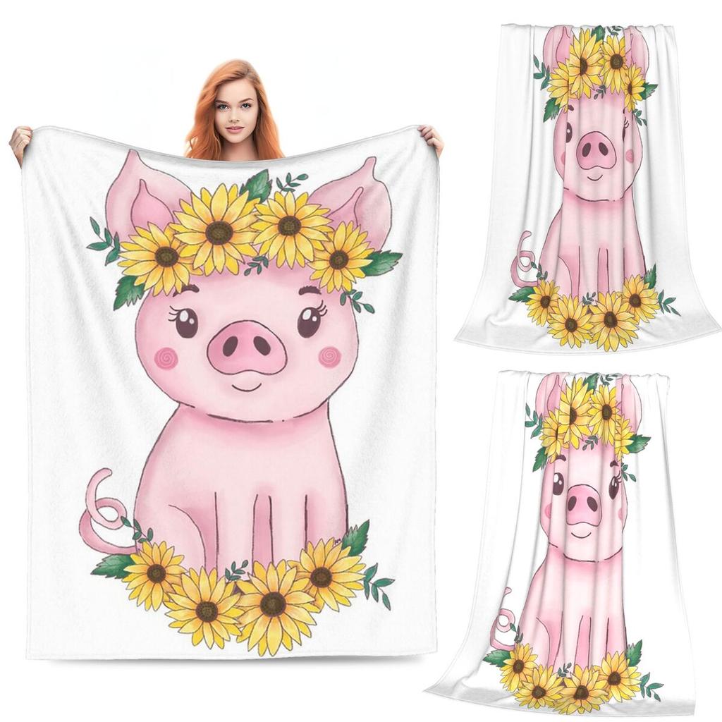 Cute Sunflower Pig Blanket Flannel Sofa Throw Blanket Super Soft for Home Bedroom Office Throws Bedspread Quilt