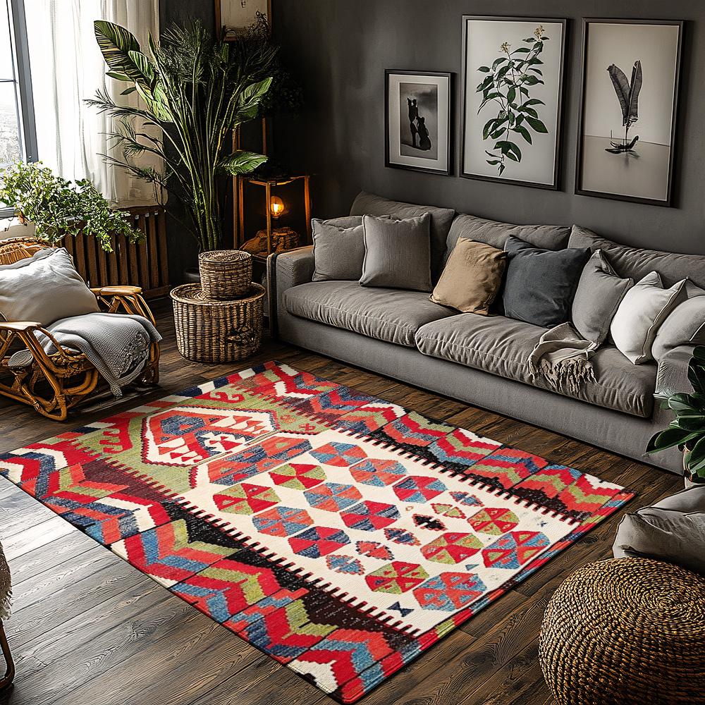Vintage Persian Area Rug Bohemian Carpet Non-Slip Floor Mat Living Room Decor Home Accent Kilim Pattern Tribal Design Modern Sty