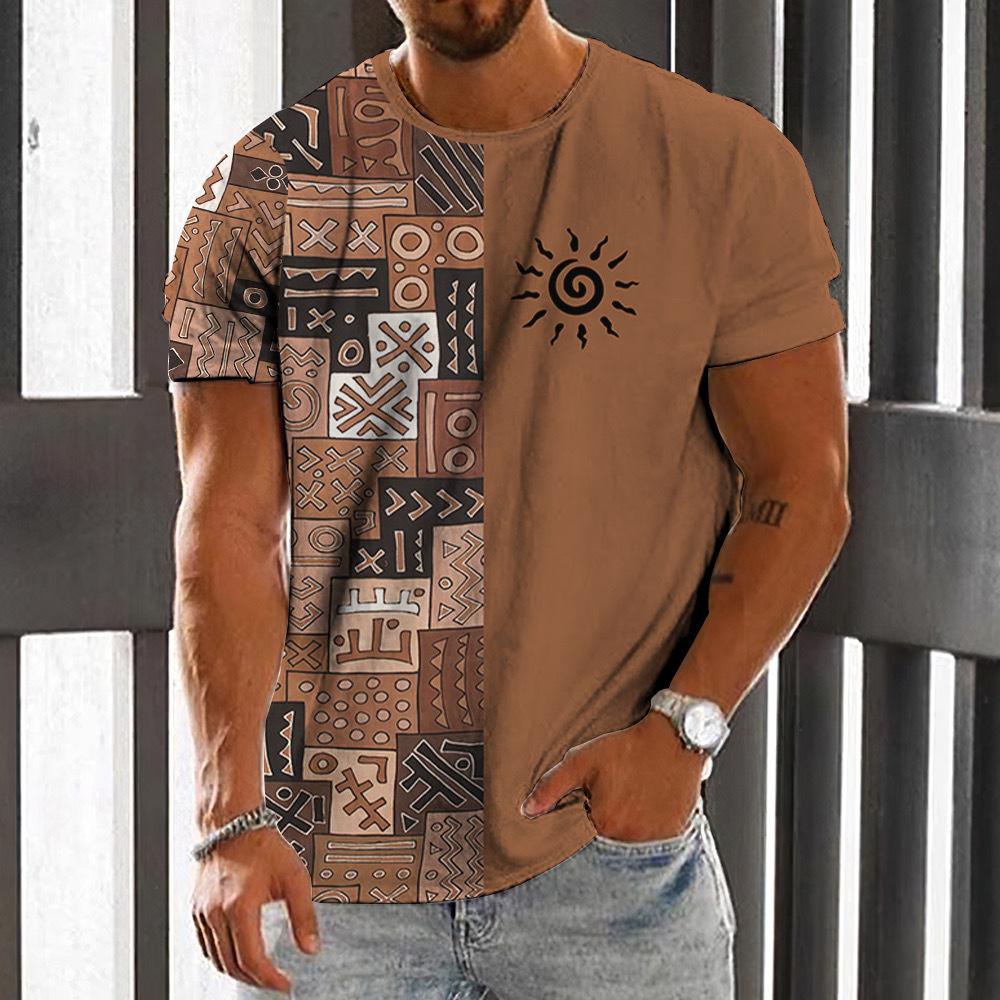Men's T-Shirt Ethnic Style Digital Printed Creative Color Block Short Sleeve O-Neck T-shirts Outdoor Oversized Men Clothing Tops