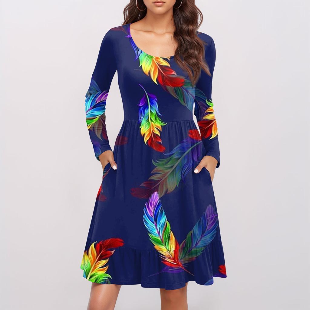 Damen Freizeitkleid mit Rundhalsausschnitt und langen Ärmeln, Karnevalsprint, lockere Taille, plissiertes Kleid
