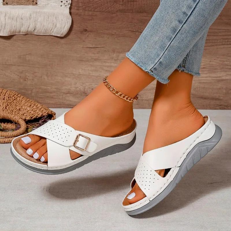 Fashion Plus Size Shoes Female 2024 Hot Sale Women's Slippers Casual Slippers Women Buckle Round Toe Wedges Open Toe Women's Sandals