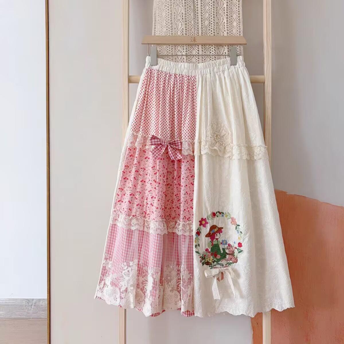 

Винтажная Вышивка Пэчворк Хлопок Длинная Юбка Женская Японский Стиль Mori Girl Кружево Оборки Высокая Талия А-силуэт Юбки One Size