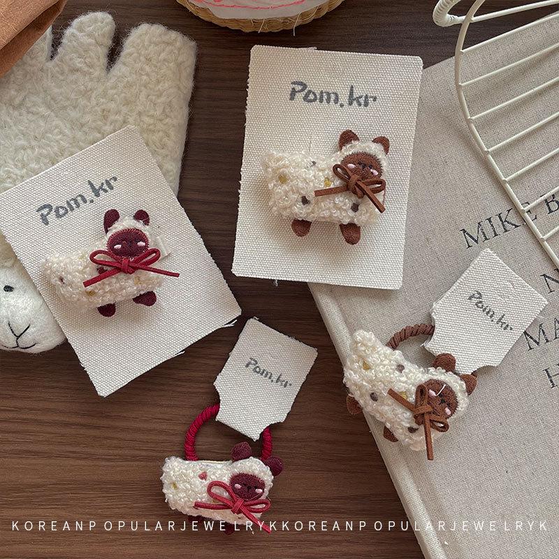 Koreańska Zimowa Kreskówkowa Spinka do Włosów z Jagnięcej Wełny i Elastyczna Gumka do Kucyka dla Dzieci