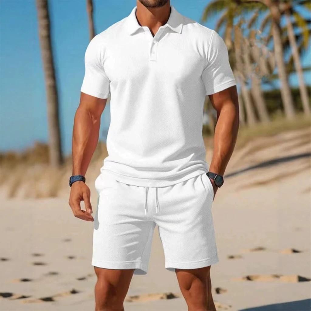 Herren Sommer-Zweiteiler Einfarbiges Kurzarm-Polohemd Shorts mit Kordelzug und elastischem Bund Lässiges Strand-Geh-Trainingsanzug-Set