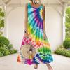 Women Plus Size Scoop Neck Sleeveless Rainbow Tie Dye Printed A Line Long Dress