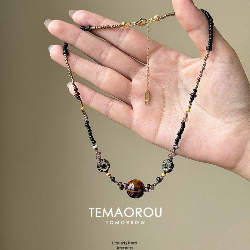 Maillard Tiger's Eye Brown Pearl Beaded Necklace - High-End Women's Sweater Chain for Autumn/Winter 2025