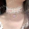 Elegant Pink Bow Lace Heart Rhinestone Choker Necklace