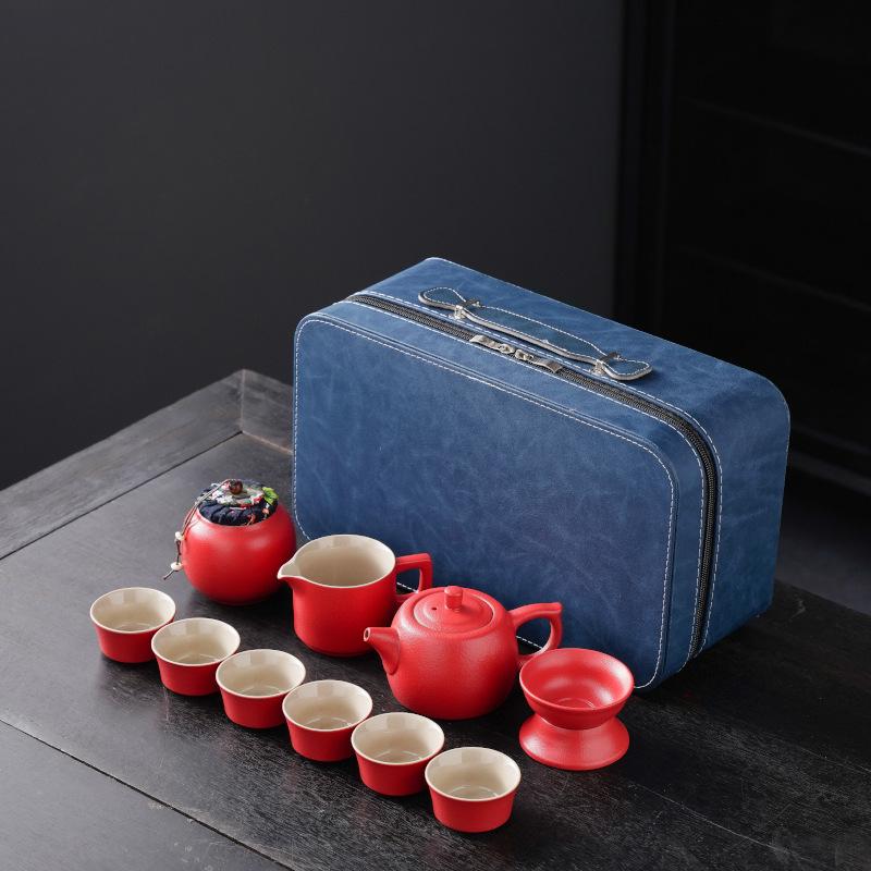High-End Portable Ceramic Tea Set with Teapot, Teacups, and Tray for Household or Outdoor Use