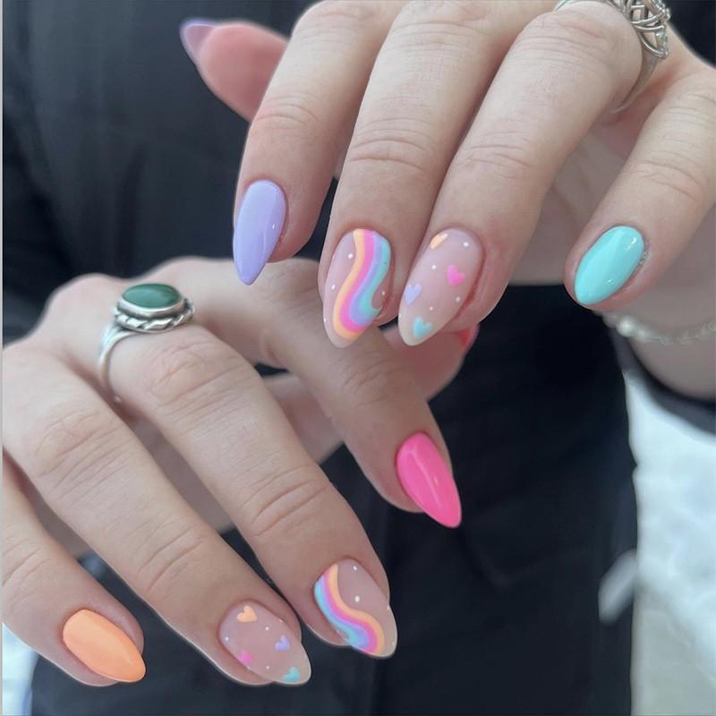 Short Press-On Nails Set Ins Style Fake Full Cover Acrylic Nail Tips Women Daily Wear