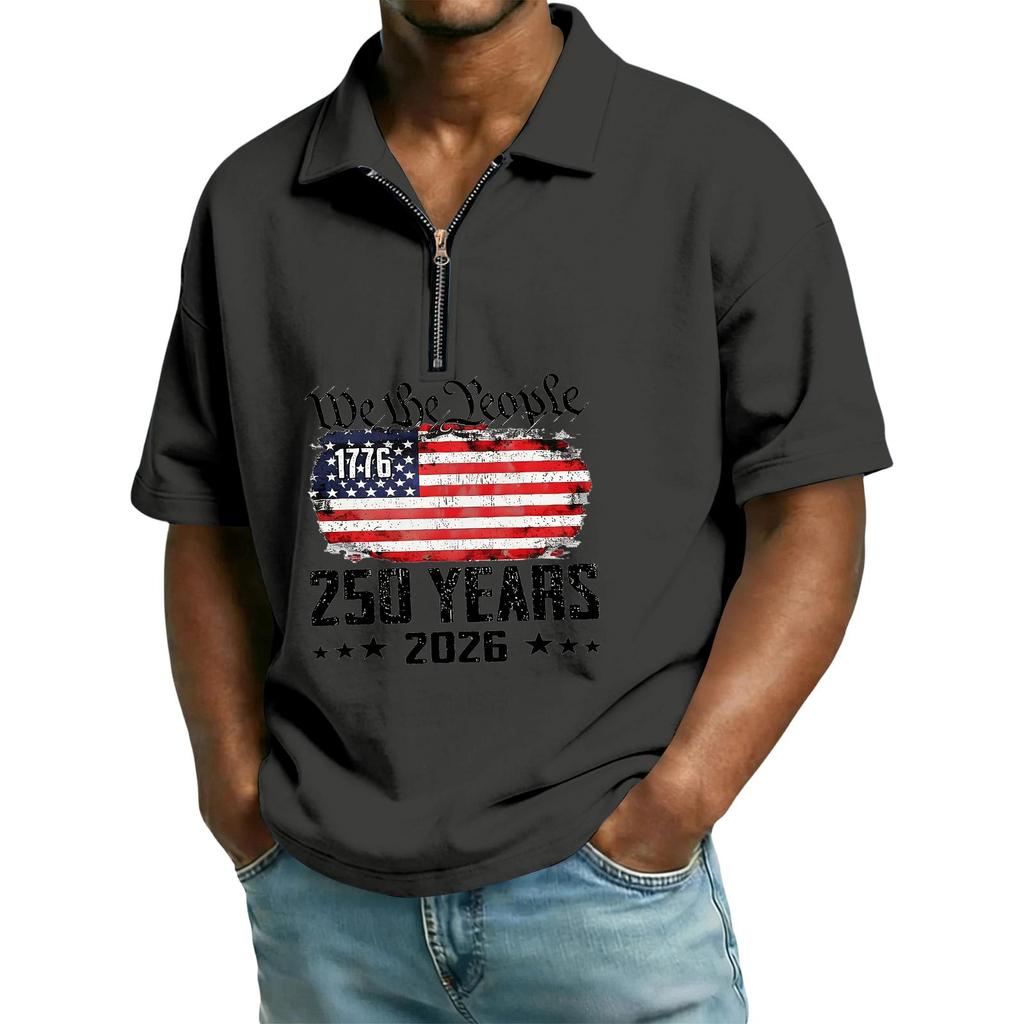 Men's Casual Loose American Independence Day Printed T-shirt Lapel Short Sleeve Daily Tops