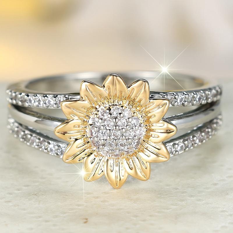 Summer small fresh flower index finger ring, exquisite sunflower full diamond super flash two-color ring, popular