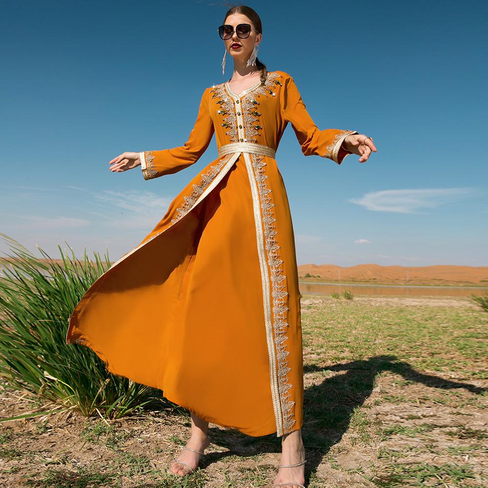 Women's Clothes Solid Color Handmade Rhinestone Stitching Lace Slim Fit Fake Two Piece Muslim Dress