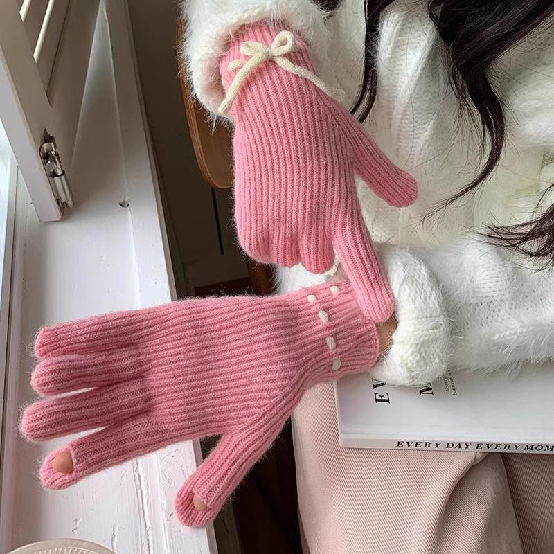 Damen Strick Schleifenhandschuhe Winter Warm Touchscreen Handschuhe Vollfinger Kawaii Japanische Jk Fahrradhandschuhe Y2K Accessoires