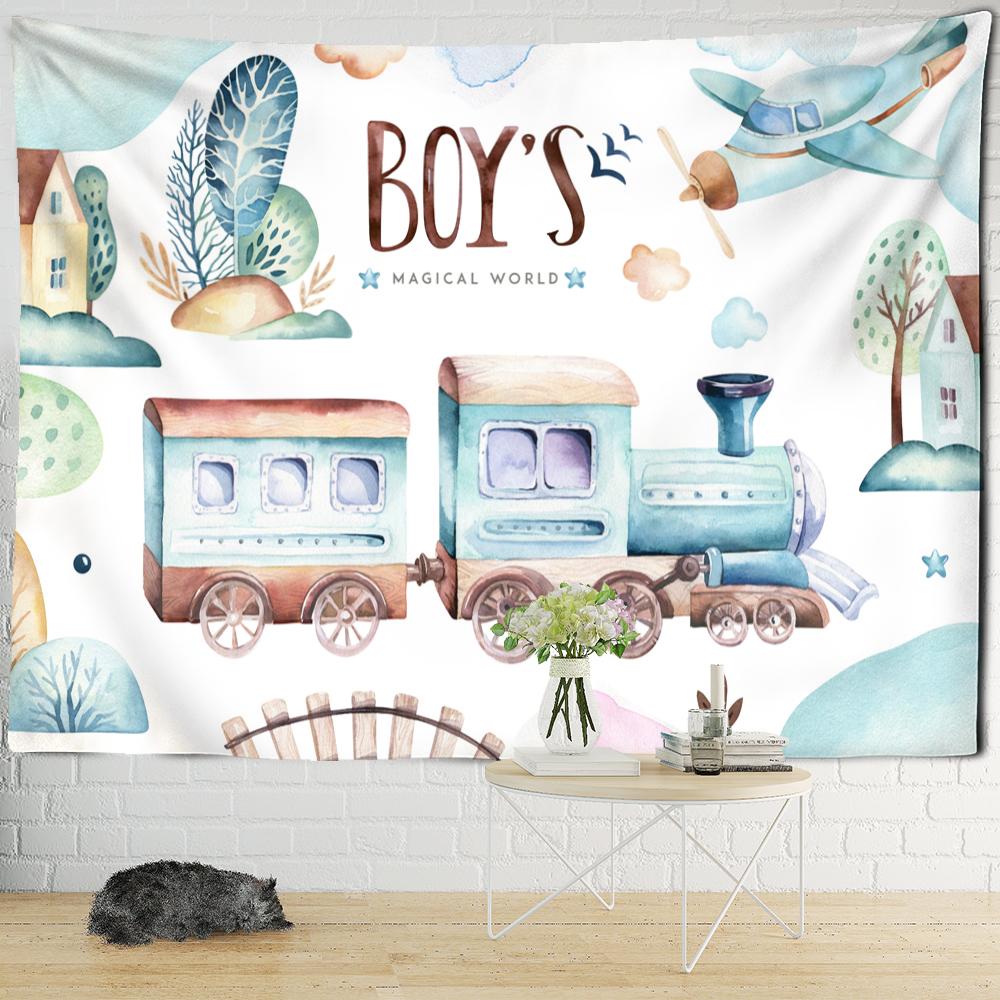 

Гобелен с мультяшным поездом и животными, настенный гобелен Kawaii, милый бохо-арт, минималистичный хиппи для девочек, общежитие, декор для детской комнаты, ткань 95x70cm