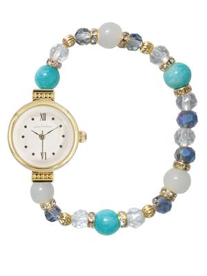[Follow] Watch Portebonheur Natural Stone Bead Bracelet Watch N01219S-5 GDBL Women's Blue