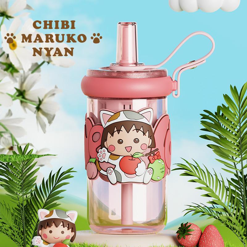 660ml Kawaii Chibi Maruko Chan Water Cup Cute Plastic Straw Cup BPA-Free Transparent Kids Bottle Birthday Gift for Girls