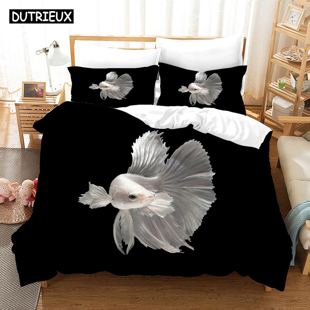 3D Printed Cartoon Fish Photo Chinoiserie Bedding Set Down Quilt Cover With Pillowcase Double Complete  King