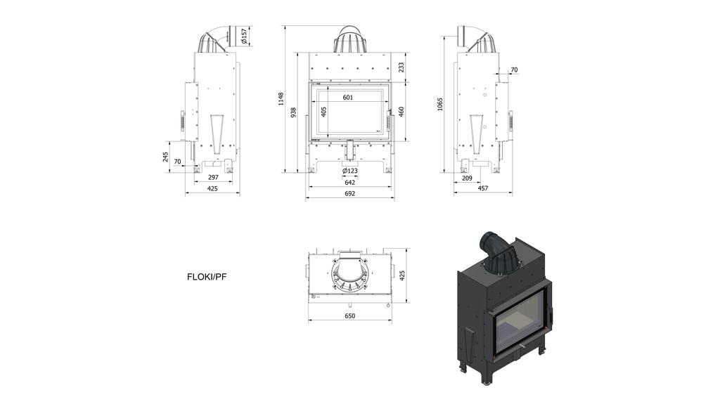 Air fireplace insert KRATKI FLOKI S 8kW Ø160 Recuperation Steel SET