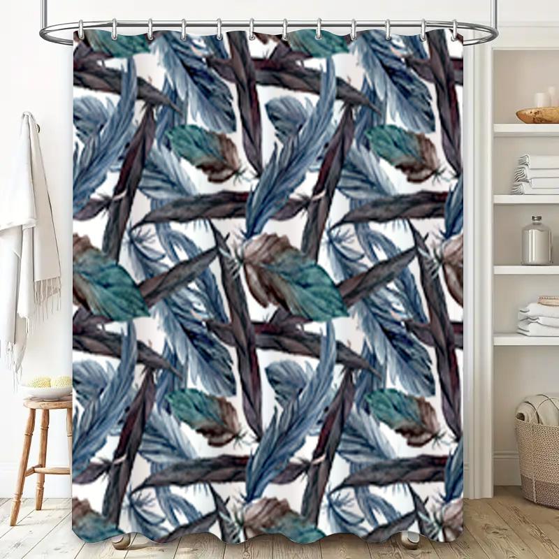 Rideau de douche imprimé plumes Tissu imperméable Décor de salle de bain pour décorations d'intérieur Couleur Bleu Vert Noir Blanc 180x243cm 70.9x9