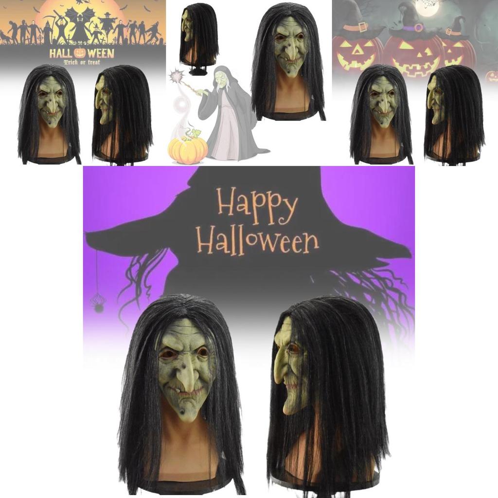 Klassische böse Hexen-Latexmaske für Halloween-Party-Kostüme mit gruseligen schwarzen Haaren