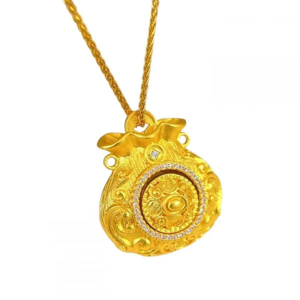 Sand Gold Rotatable Coin Pendant Necklace with Diamond Inlay - Chinese Style Money Bag Sweater Chain for Women