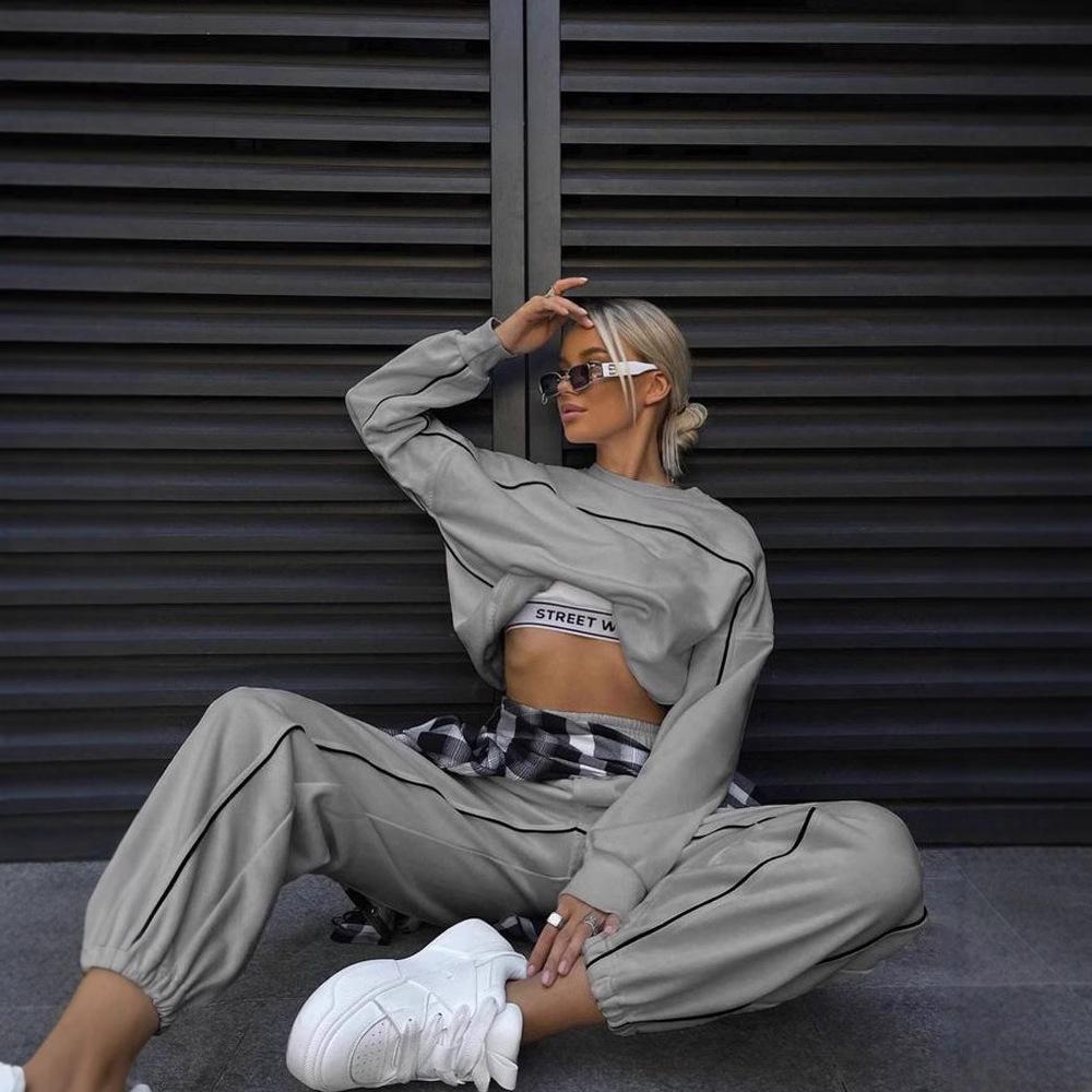 Damen Streetwear Mode Langarm Gestreifter Hoodie Hose Set Lässiges Zweiteiliges Lounge Outfit