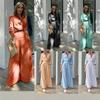 Women Casual Solid Color Long Sleeve Shirt High Waist Wide Leg Pants Two Piece Set