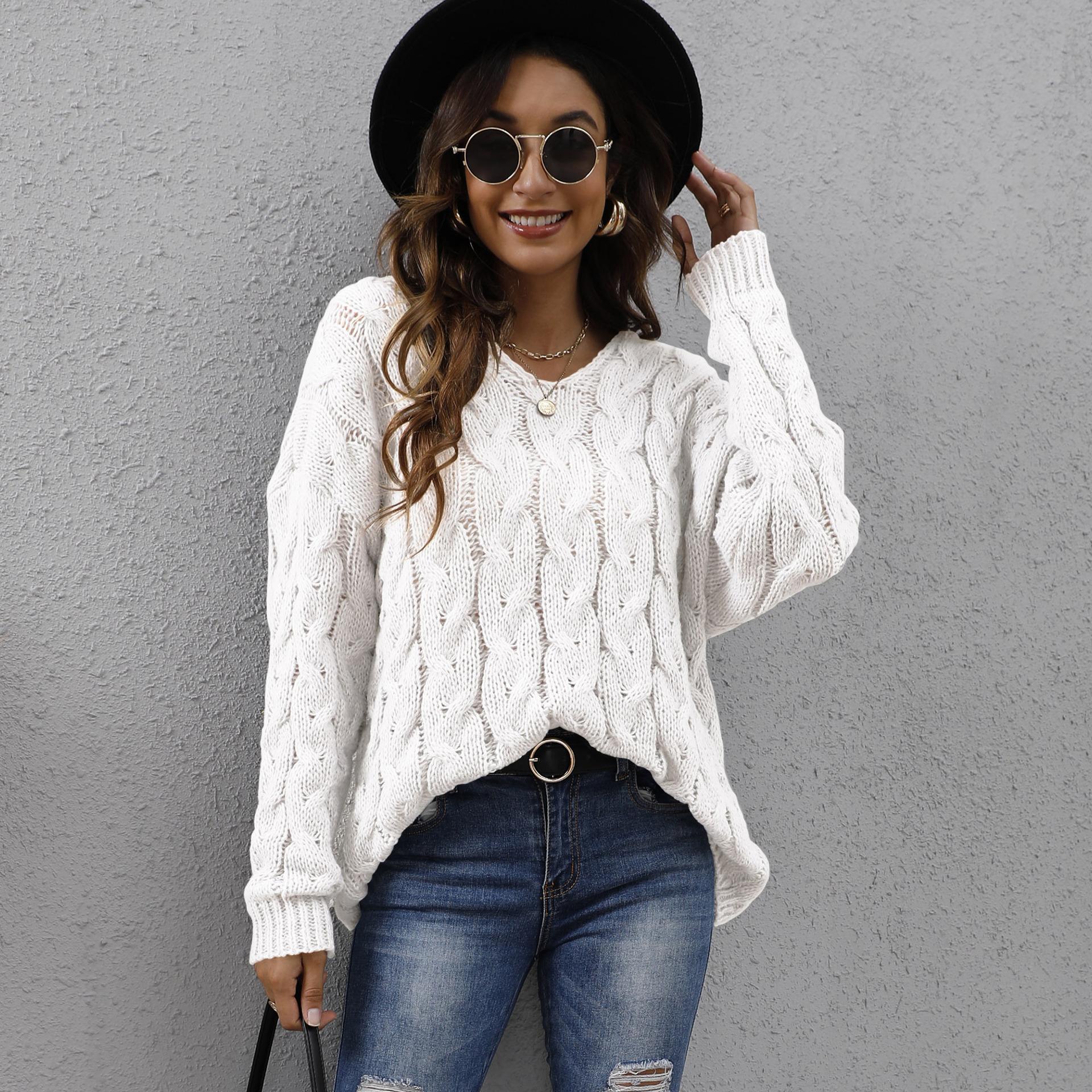 

Женский топ, Утепленный, Вязаный свитер с косичками, V-образный вырез, Модный худи, Свободный пуловер S белый