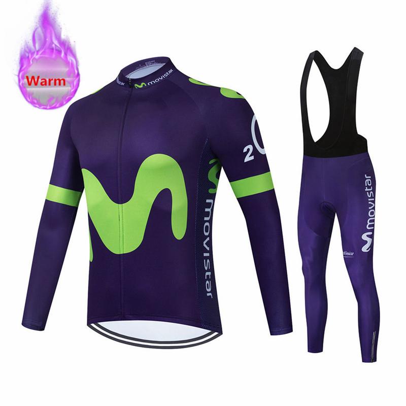 Movistar Racing Thermal Fleece Cycling Jersey Set Bicycle Bib Shorts Bike Clothing Ropa Maillot Ciclismo Hombre Bicicleta Kit