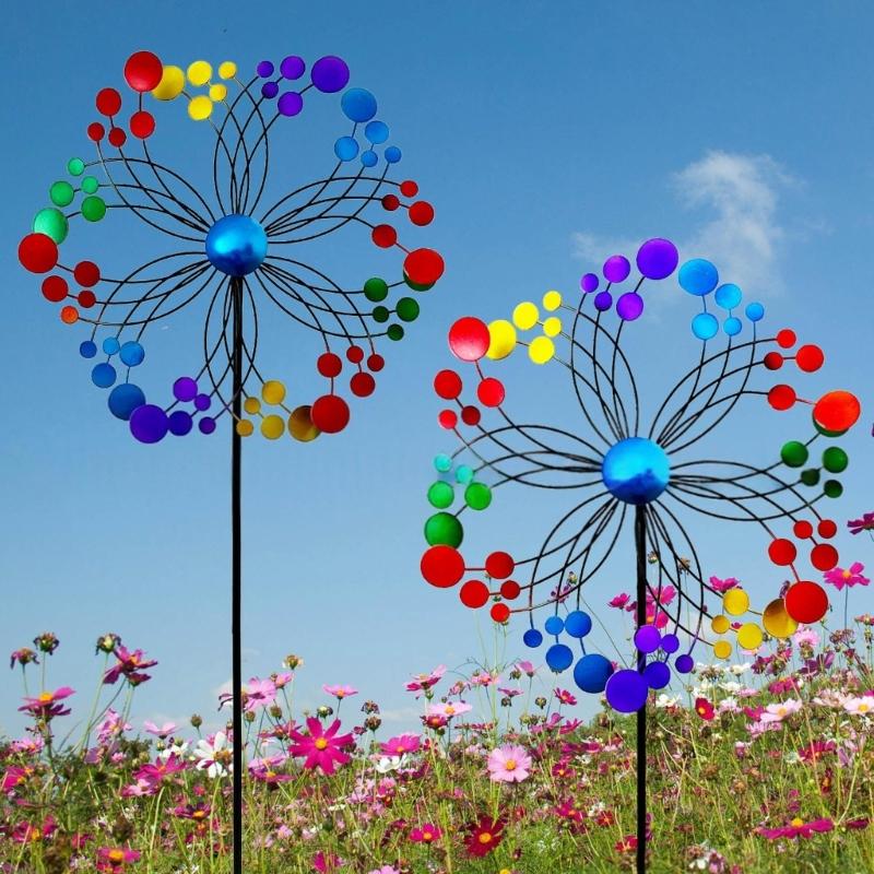 Iron Flower Windmill Toy Garden Spinner for Windmill Yard Garden Balcony Vertical Rainbow Windmill Spinner