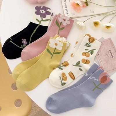 5 Paar Blumen-Socken für Damen Koreanische Baumwolle Niedlicher Sockenstil Mittelhoch für Mädchen Atmungsaktiv Lässig Süß Weiblich Floral