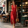 Women Stand Collar Sleeveless Dress Deep V Neck Side Slit Tunic Dress Casual Vacation Long Dress with Pockets