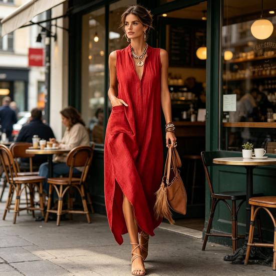 Women Stand Collar Sleeveless Dress Deep V Neck Side Slit Tunic Dress Casual Vacation Long Dress with Pockets