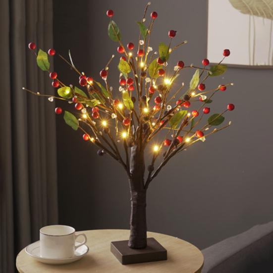 LED Birch Tree Light with Red Berries Mini Glowing Birch Tree for Tabletop Decor Festive Home Party Wedding Centerpiece Decorations
