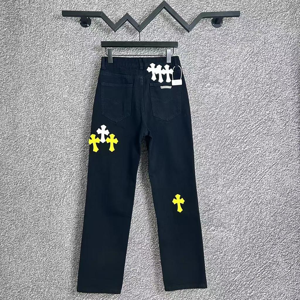 9906 CHROME HEARTS Men's and Women's American Style Trendy Jeans with Fabric Patches, Casual and Fashionable High Street Pants