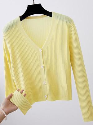 Women's Ice Silk V-Neck Knit Cardigan - Pure Color Shawl for Spring and Autumn