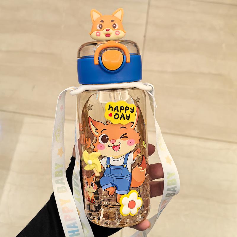 Portable Cartoon Water Cup with Strap - Durable, High-Temperature Resistant Plastic, One-Button Open Straw