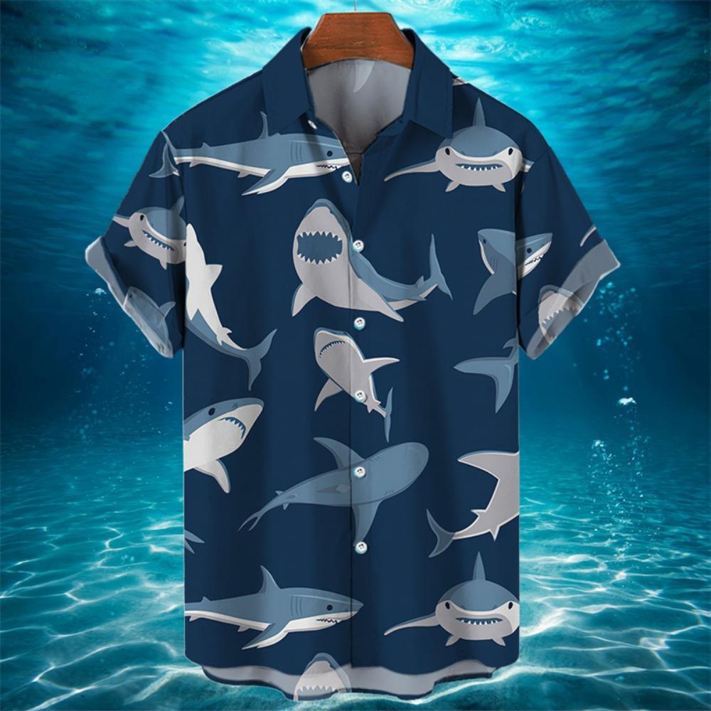3D Animal Shark Print Hawaiian Shirt Men s Summer Casual Shirt Fashion Short Sleeved Sea World Loose Street Blouse Clothes S