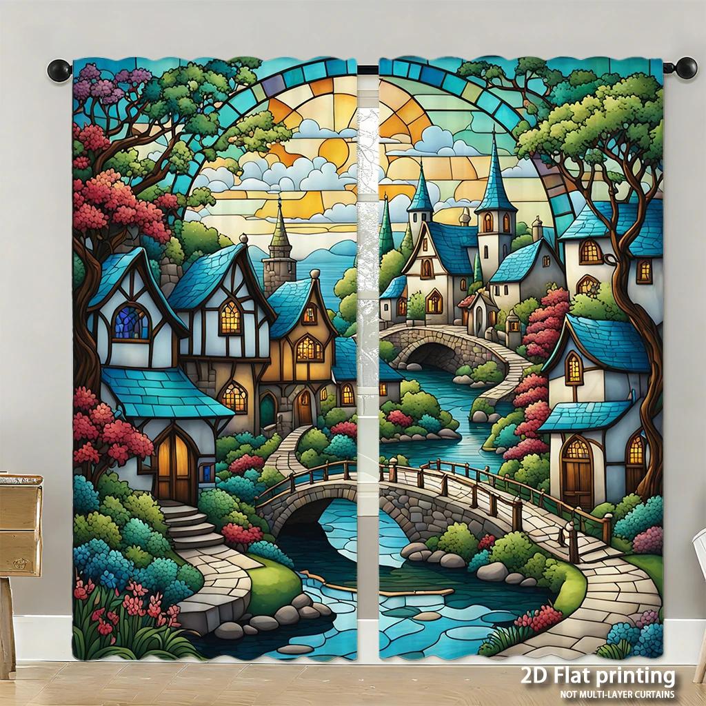 Piece Set High Definition Digital Printed Curtainschristmassantaredhollyflowersribbonhome Decoration Style Curtains Made Of Polyester