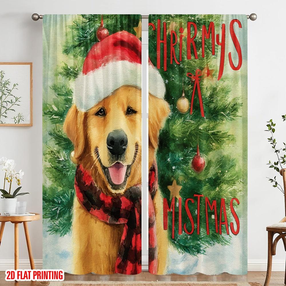 2pcs,2D Plane Printing Curtains Digital Printed Christmas Dog Versatile Fabric (without Rod) All Seasons Ldeal for Living Room,